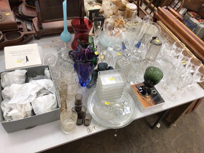 Lot 443 - Quantity of clear and coloured glassware, to include decanters, wine glasses, etc