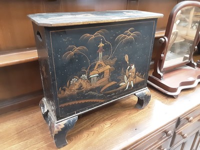 Lot 964 - Oriental lacquered magazine box with chinoiserie decoration, 53cm wide, 22cm deep, 50cm high