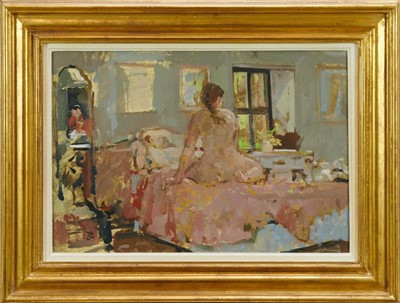 Lot 1249 - Tom Coates (b.1941) oil on board - interior with a female nude seated on a bed, monogrammed, 30cm x 43.5cm, in gilt frame