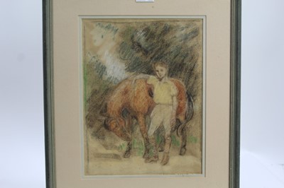 Lot 1247 - Percy Harland Fisher (1867-1944) pastel - a boy and a horse, in glazed frame