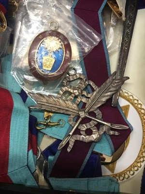 Lot 2406 - Masonic items to include a silver Masonic jewel, various gilt metal jewels and associated sashes and Masonic regalia