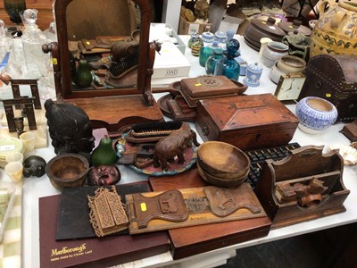 Lot 451 - Treen and other sundries, including a toilet mirror, 19th century inlaid box, Jerusalem book slide, etc