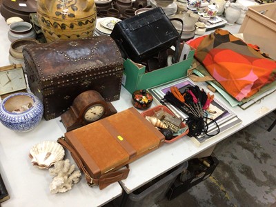 Lot 452 - Sundry items, including camera accessories, a studded leather trunk, a clock, shells, a portfolio of pictures and art supplies