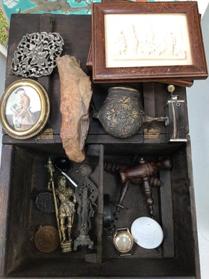 Lot 454 - Box of curios, including buckles, an Indian bronze figure, corkscrews, etc