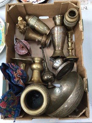 Lot 456 - Box of sundries, including Middle Eastern brass ware, Chinese embroidery, Japanese tetsubin, etc