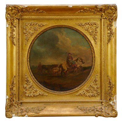 Lot 1268 - 17th/18th century Dutch School oil on panel, tondo - Going to Market, inscribed verso Camphuysen, in gilt frame