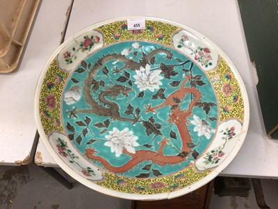 Lot 455 - Chinese famille rose porcelain dish, c.1900, decorated with two dragons on a turquoise ground