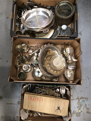 Lot 458 - Three boxes of metalware, mostly silver plate and brass