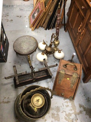 Lot 459 - Sundry items, mostly brassware, to include an Eastern stool, ceiling light, hookah base, scales, coal scuttle, candlestick and two coal buckets