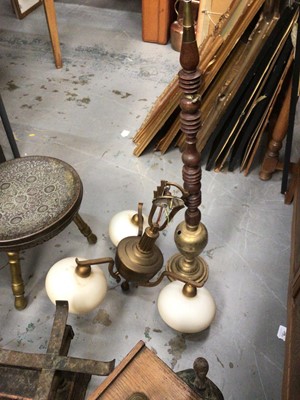 Lot 459 - Sundry items, mostly brassware, to include an Eastern stool, ceiling light, hookah base, scales, coal scuttle, candlestick and two coal buckets