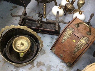 Lot 459 - Sundry items, mostly brassware, to include an Eastern stool, ceiling light, hookah base, scales, coal scuttle, candlestick and two coal buckets