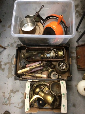 Lot 460 - Three boxes of metal wares, including cast iron pots, pair of brass GWR lights, other brassware, etc