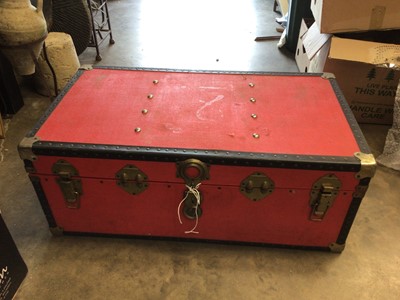 Lot 462 - Large red trunk, together with some brass rubbings