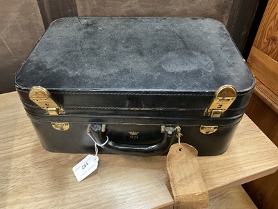Lot 157 - 1950s black leather vanity case with most original fittings and gilt coronet and initials for the Marchioness of Normanby, together with an Edwardian red leather Pittway Bros. vanity case with appl...