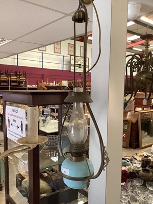 Lot 164 - Early 20th century brass and coloured glass hanging oil lamp converted to electricity