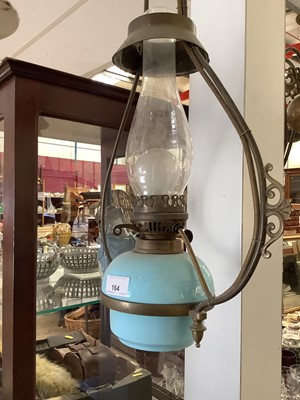 Lot 164 - Early 20th century brass and coloured glass hanging oil lamp converted to electricity