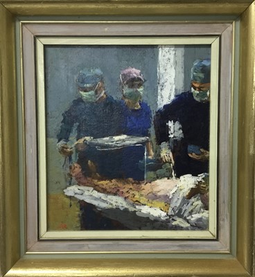 Lot 240 - English School, contemporary, oil on board - surgeons, signed with initials 22.5mm x 20cm