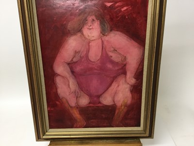 Lot 239 - Kay Gallwey (born 1936) - oil on board - 'the wrestler', signed with initials. 40cm x 30cm