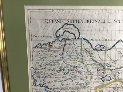 Lot 1205 - 17th century hand coloured engraving- map 'La Gran Tartaria' 1693. 45cm x 56cm