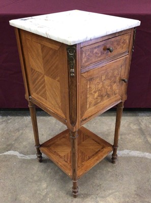 Lot 1418 - Early 20th century French parquetry bedside cupboard with marble top and unusual ceramic liner fitted within the cupboard