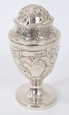 Lot 281 - Georgian silver caster of baluster form with an associated cover, two other Victorian casters