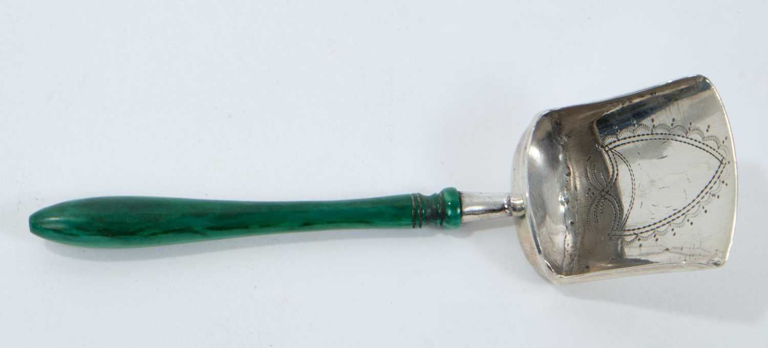 Lot 286 - George III silver caddy spoon in the form of a shovel with green stained ivory handle