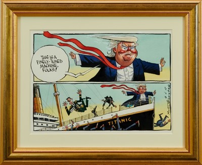 Lot 1794 - Peter Brookes (b.1943) pen, ink and watercolour cartoon - ‘This Is A Finely-Tuned Machine, Folks!’, signed and dated 18 ii 17, in glazed gilt frame, 22cm x 29cm, Illustrated: The Times, 18th Februa...