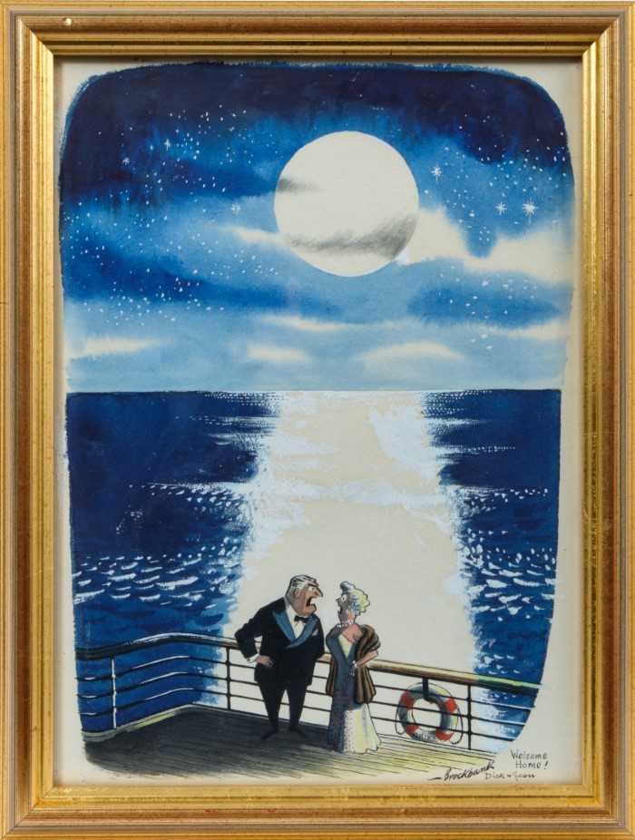Lot 1746 - Russell Brockbank (1913-1979) pen, ink and watercolour - ‘Welcome Home! Dick & Jean’, signed and inscribed, in glazed gilt frame, 27cm x 19.5cm 
Provenance: Chris Beetles Ltd. London