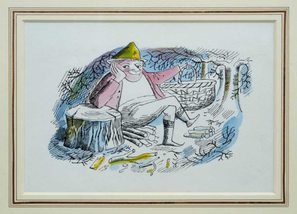 Lot 1748 - *John Ward (1917-2007) pen, ink and watercolour - The Woodcutter, in glazed gilt frame, 13cm x 19cm 
Provenance: Chris Beetles Ltd. London