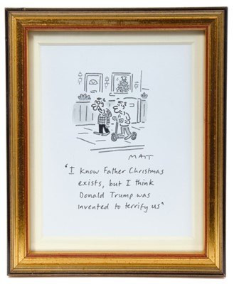 Lot 249 - Matt (Matt Pritchett (b.1964) pen, ink and watercolour - ‘I know Father Christmas exists, but I think Donald Trump was invented to terrify us’, signed and titled, in glazed gilt frame, 12.5cm x 10....