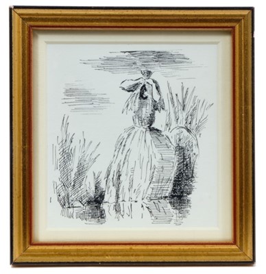Lot 1856 - *Edward Ardizzone (1900-1979) pen and ink drawing - “She went away on and on till she came to a fen...”, inscribed beneath mount, in glazed gilt