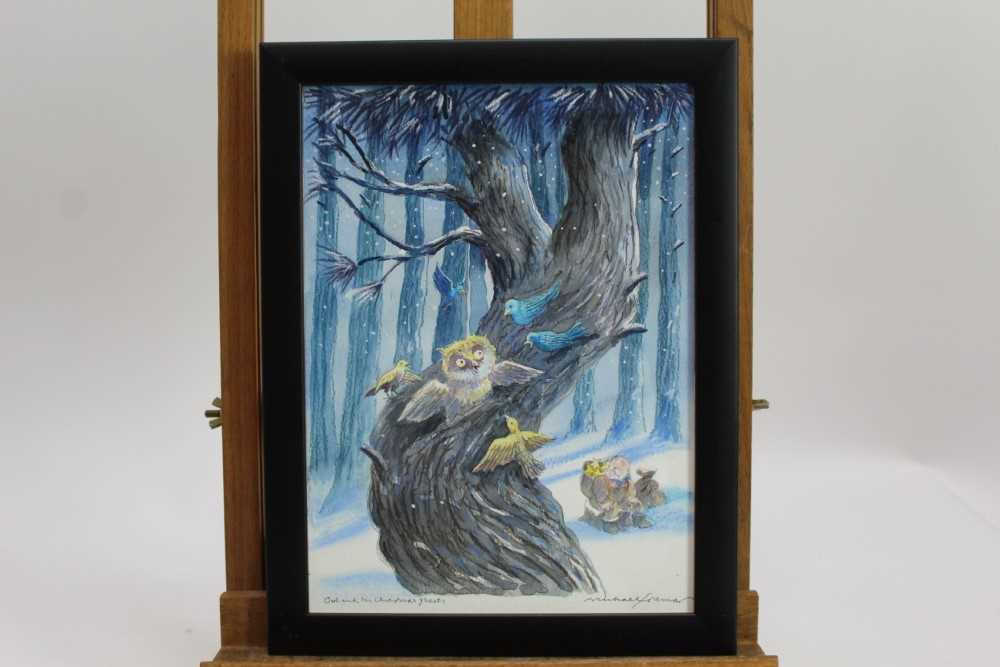 Lot 1886 - Michael Foreman (b.1938) pencil, watercolour and crayon illustration – Owl and his Christmas Guests, from ‘The Decorated Forest’, signed and titled, in glazed frame, 28cm x 21cm 
Provenance: Chris...
