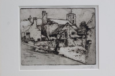 Lot 1854 - James Hamilton Hay (1874-1916) signed etching - Old Houses and Church at Neston, together with another unsigned - Cottages Beneath the Trees, in glazed gilt frames