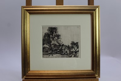 Lot 1854 - James Hamilton Hay (1874-1916) signed etching - Old Houses and Church at Neston, together with another unsigned - Cottages Beneath the Trees, in glazed gilt frames
