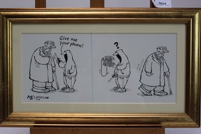 Lot 1824 - Edward McLachlan (b.1940) pen and ink cartoon - “Give me your phone!”, signed and dated 2018, in glazed gilt frame, 16cm x 36cm 
Provenance: Chris Beetles Ltd. London