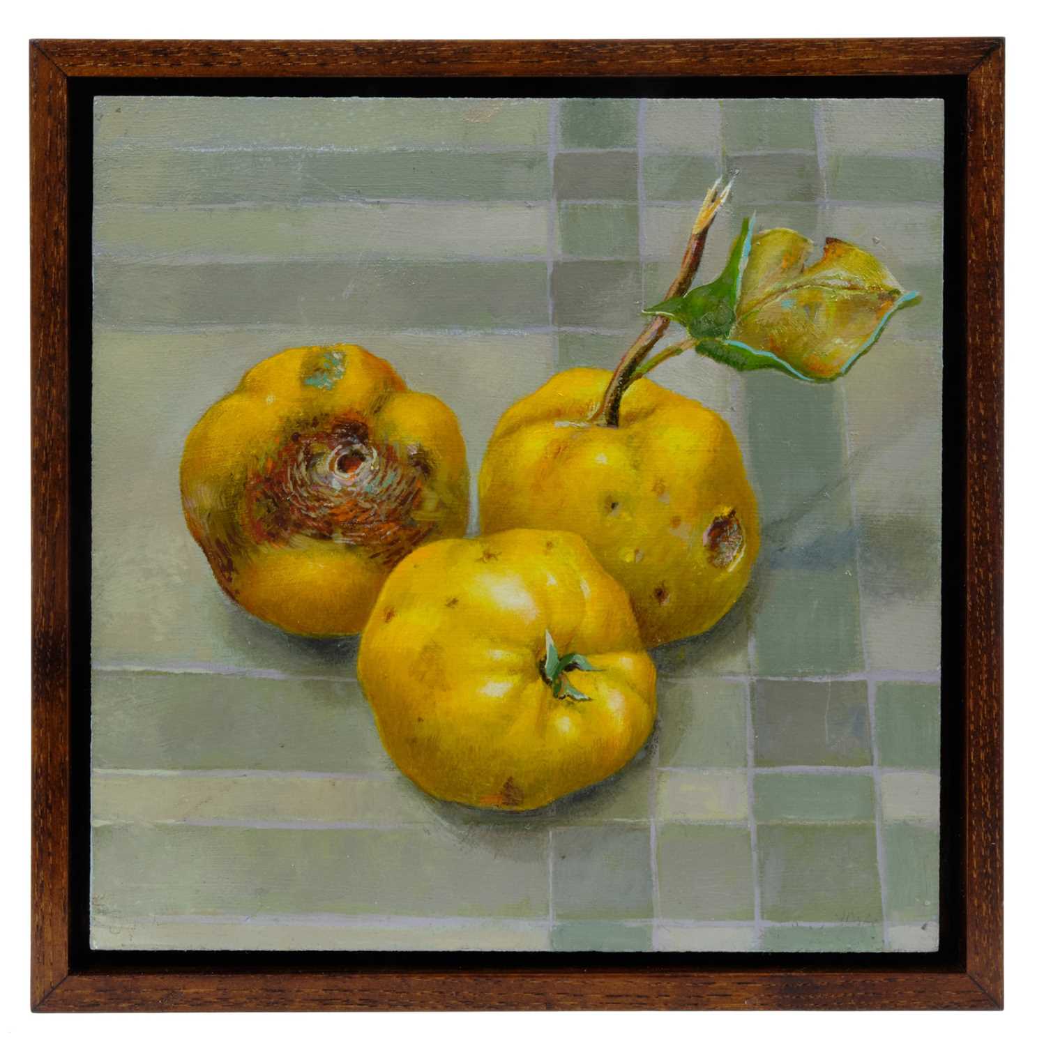 Lot 1866 - Val Archer (b.1946) oil on board - still life Three Quinces, initialled, framed, 20cm square 
Provenance: Chris Beetles Ltd. London