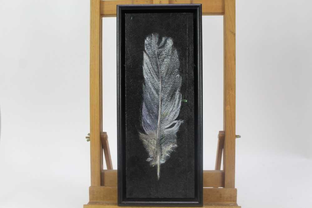 Lot 1868 - Val Archer (b.1946) oil on paper laid on board - Owl Feather, initialled, framed, 35cm x 13cm 
Provenance: Chris Beetles Ltd. London