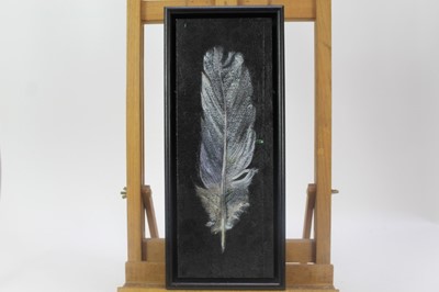 Lot 22 - Val Archer (b.1946) oil on paper laid on board - Owl Feather, initialled, framed, 35cm x 13cm 
Provenance: Chris Beetles Ltd. London