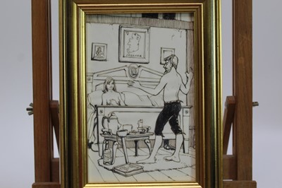 Lot 1741 - Peter Mackarell (1933-1988) two pen, ink and pencil illustrations from Bevis Hillier’s ‘Going For A Song, An Anthology Of Poems’ - An Irish Folksong and The Treasure Box, in glazed gilt frames,.