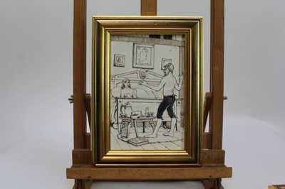 Lot 1741 - Peter Mackarell (1933-1988) two pen, ink and pencil illustrations from Bevis Hillier’s ‘Going For A Song, An Anthology Of Poems’ - An Irish Folksong and The Treasure Box, in glazed gilt frames,.