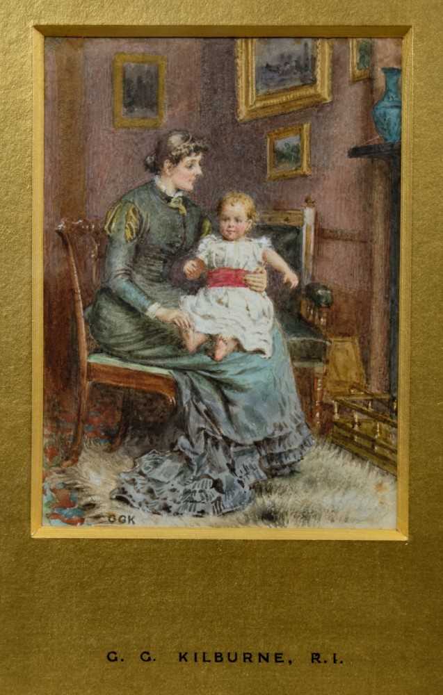 Lot 1828 - George Goodwin Kilburne (1839-1924) watercolour - “This little piggy went to market”, initialled, in glazed gilt frame, 12cm x 8.5cm 
Provenance: Chris Beetles Ltd. London