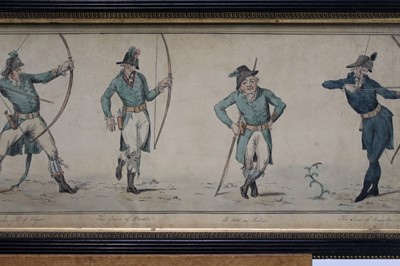 Lot 1822 - 19th century English School, pen and ink drawing - The Graces of Archery, inscribed, in glazed frame, 18.5cm x 52.5cm