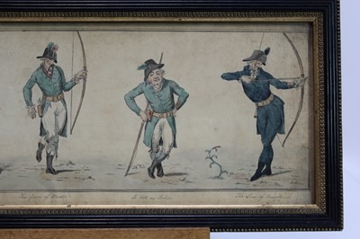 Lot 1822 - 19th century English School, pen and ink drawing - The Graces of Archery, inscribed, in glazed frame, 18.5cm x 52.5cm