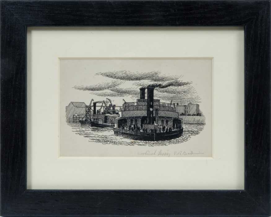 Lot 1841 - *Stanley Roy Badmin (1906-1989) pen and ink drawing - Woolwich Ferry, initialled and titled, in glazed frame, 8cm x 12cm