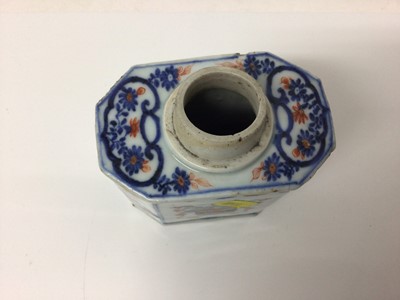 Lot 142 - Pair of early 18th century Kangxi Chinese Imari armorial tea canisters and saucer (3)