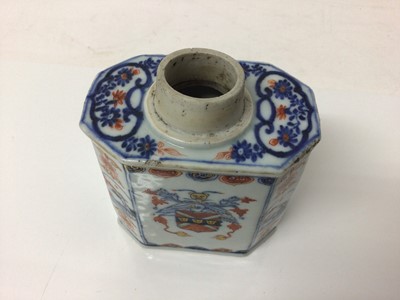 Lot 142 - Pair of early 18th century Kangxi Chinese Imari armorial tea canisters and saucer (3)