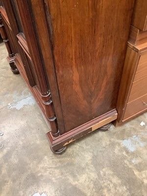 Lot 1004 - Good quality nineteenth century figured and burr walnut bookcase with shelved interior enclosed by two glazed and panelled doors, 99cm wide, 44cm deep, 158.5cm high