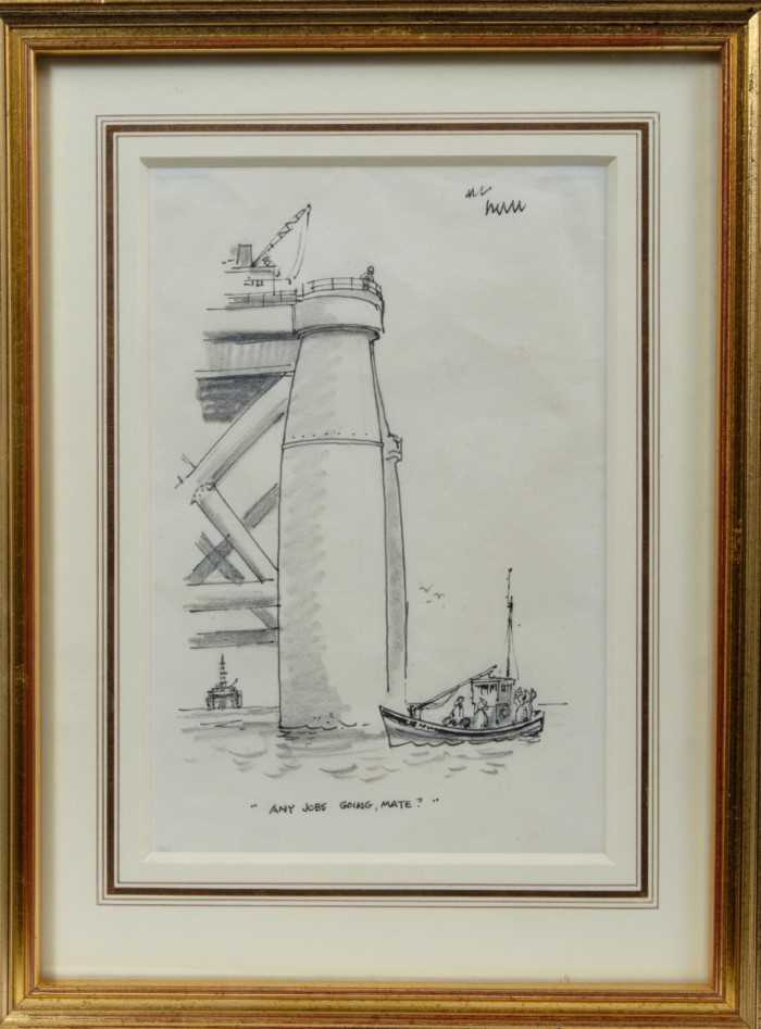 Lot 1732 - *Norman Thelwell (1923-2004) pen, ink and pencil - “Any Jobs Going Mate”, in glazed gilt frame, 19cm x 13cm 
Provenance: Chris Beetles Gallery
