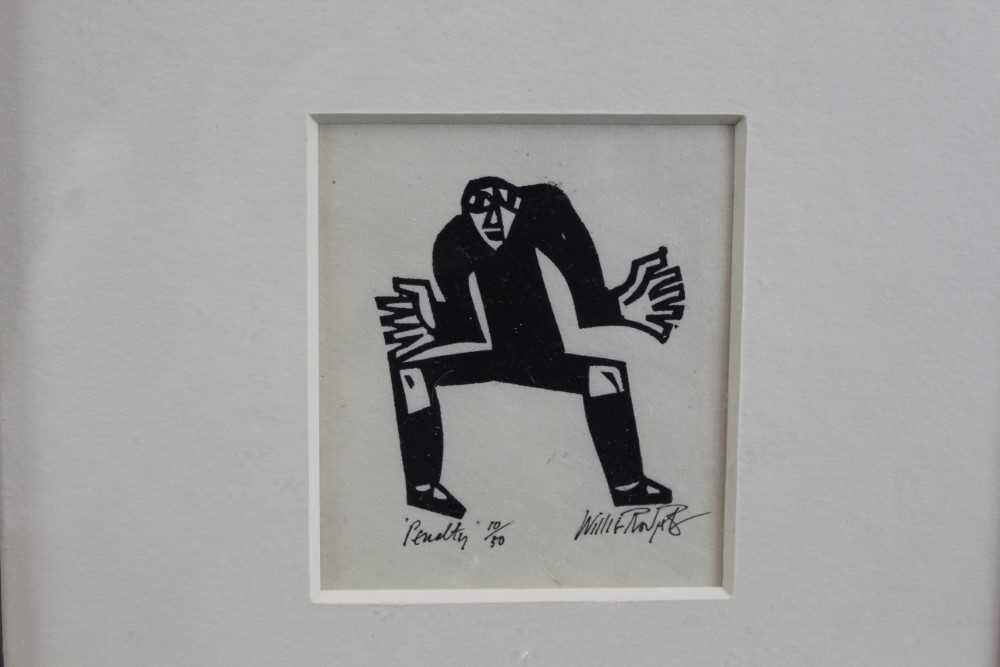 Lot 1833 - Willie Rodger signed limited edition linocut - Penalty, 10/30, in glazed frame 
Provenance: Thompson’s, Aldeburgh