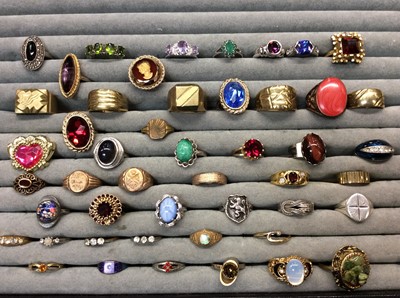 Lot 722 - Collection of dress rings on tray, 9ct gold cased wristwatch, Victorian seal fobs, pens etc